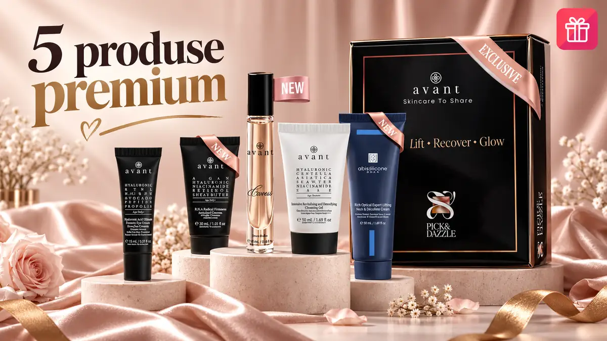 Set AVANT cu 5 produse premium și cutie Pick & Dazzle, expuse elegant pe fundal roz-bej, cu text „5 produse premium”.