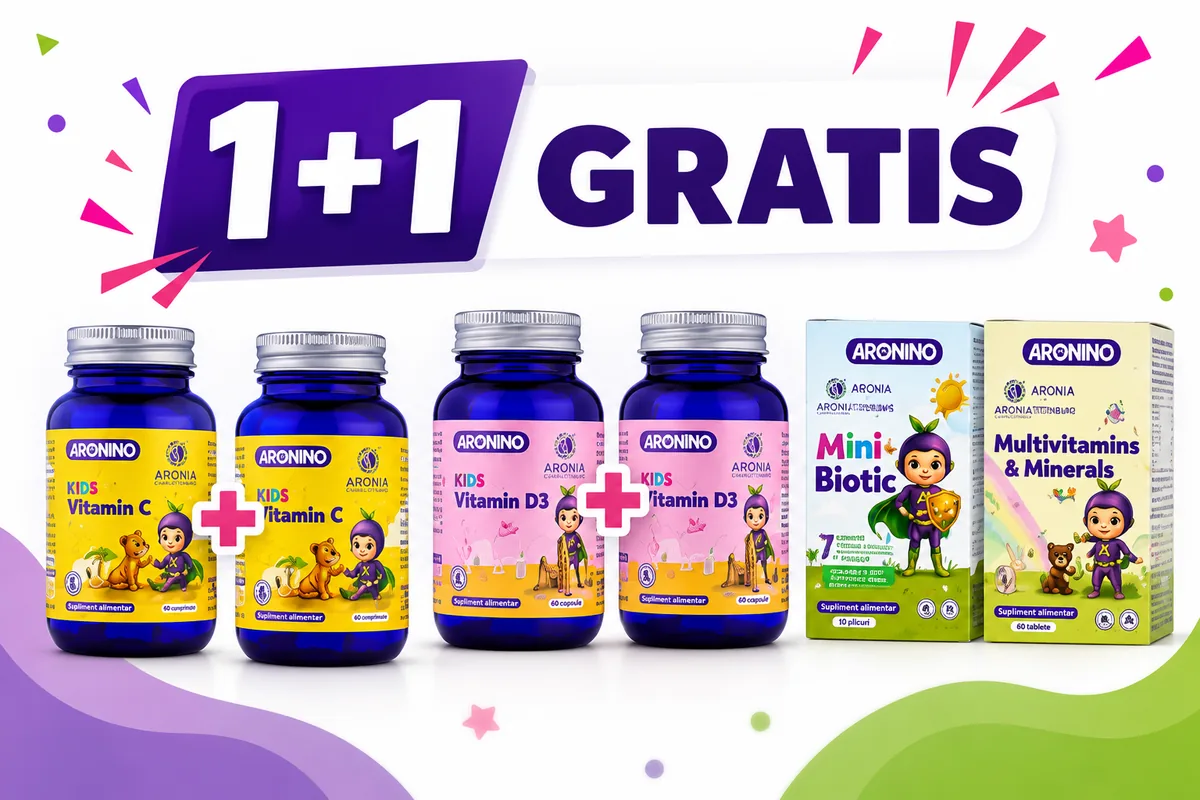 Promoție 1+1 gratis la suplimente Aronino pentru copii, cu vitamine C și D3, probiotice și multivitamine.
