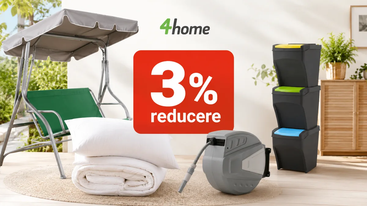 Produse pentru casă și grădină de la 4Home, inclusiv balansoar, lenjerie de pat, tambur cu furtun și coșuri de reciclare, promovate cu 3% reducere.