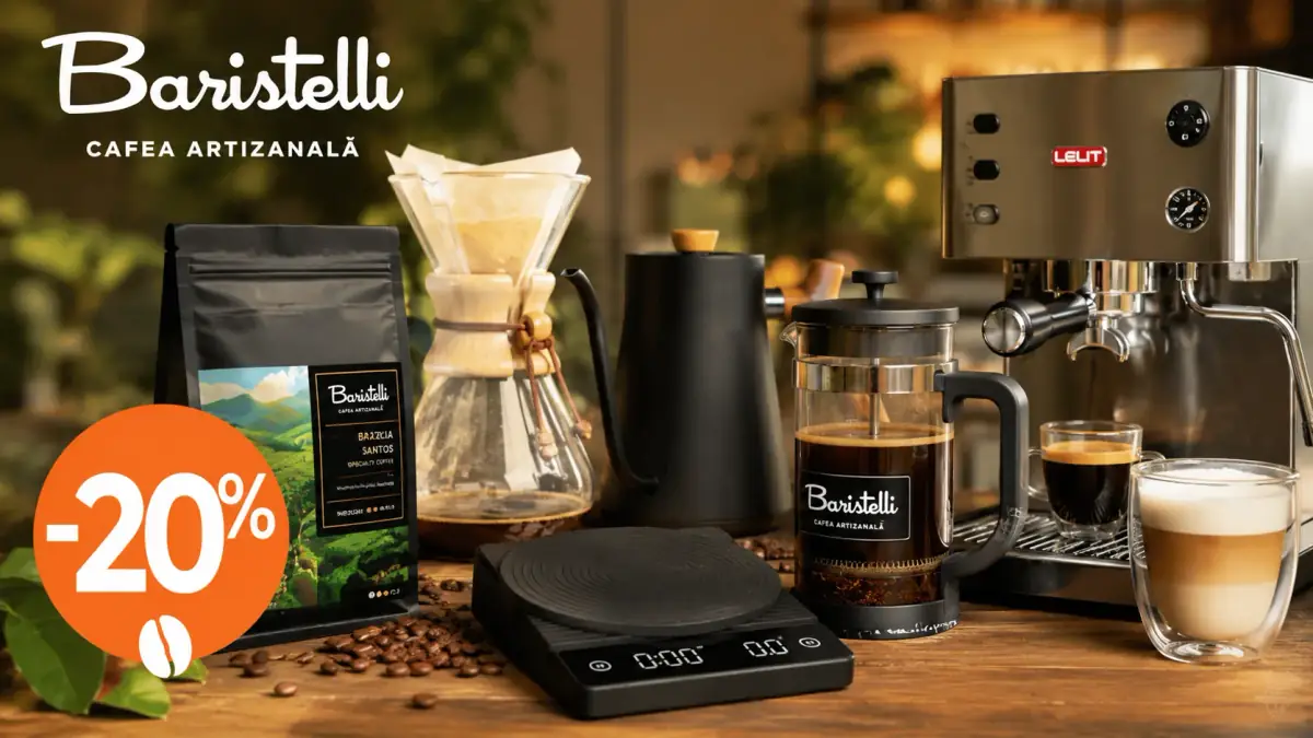 Reducere de 20% la Baristelli, cu cafea artizanală, espressor și accesorii pentru prepararea cafelei.