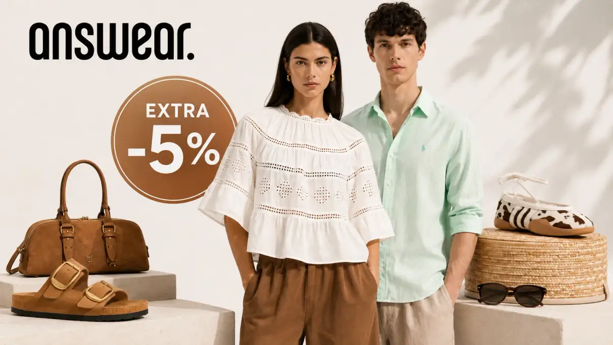 Promoție Answear cu 5% reducere extra la articole fashion din Final Sale, cu ținute și accesorii pentru femei și bărbați.