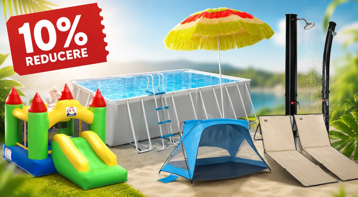 Banner promoțional cu reducere de 10% la o selecție de produse pentru vară, inclusiv piscină supraterană, castel gonflabil, umbrelă de plajă, cort de plajă, duș solar și șezlonguri.