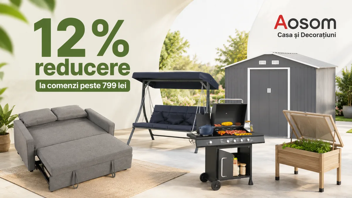 Banner promoțional Aosom cu 12% reducere la comenzi peste 799 lei, cu canapea extensibilă, leagăn de grădină, grătar, magazie metalică și jardinieră din lemn.