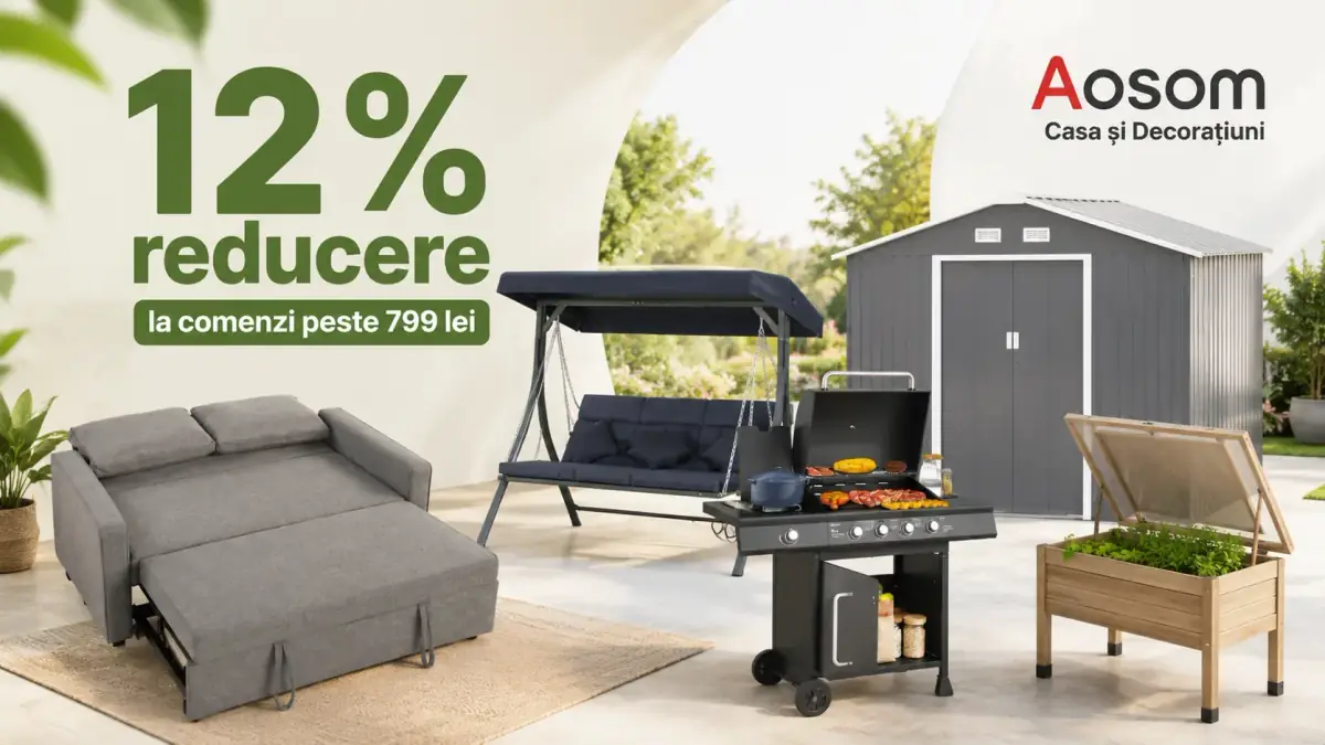Banner promoțional Aosom cu 12% reducere la comenzi peste 799 lei, cu canapea extensibilă, leagăn de grădină, grătar, magazie metalică și jardinieră din lemn.