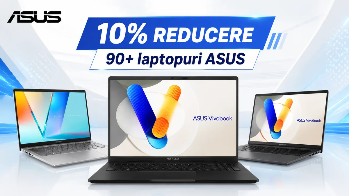 Banner promoțional ASUS cu trei laptopuri Vivobook și mesajul „10% reducere la peste 90 de laptopuri ASUS.