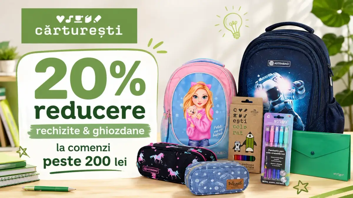 Cărturești – 20% reducere la rechizite și ghiozdane pentru comenzi de peste 200 lei.