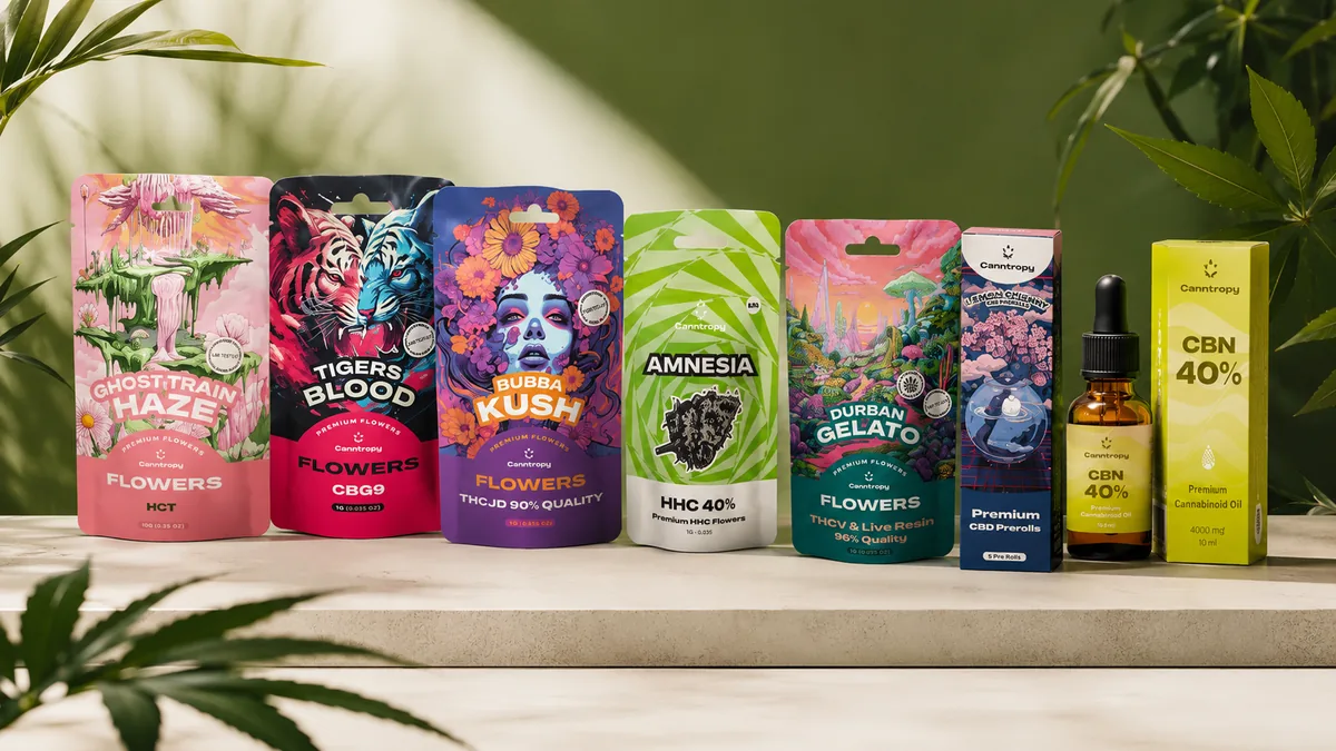 Selecție de produse Canntropy, inclusiv flori, preroll-uri și ulei CBN, prezentate într-un decor verde premium, pentru oferta de 10% reducere la întreaga gamă.
