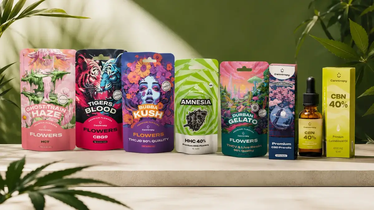 Selecție de produse Canntropy, inclusiv flori, preroll-uri și ulei CBN, prezentate într-un decor verde premium, pentru oferta de 10% reducere la întreaga gamă.