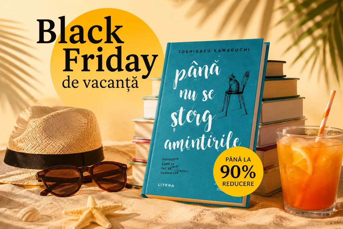 Promoție Litera cu reduceri de până la 90% la cărți, ilustrată prin un teanc de cărți pe o plajă, o carte în prim-plan, pălărie de soare, ochelari de soare și un cocktail de vară.