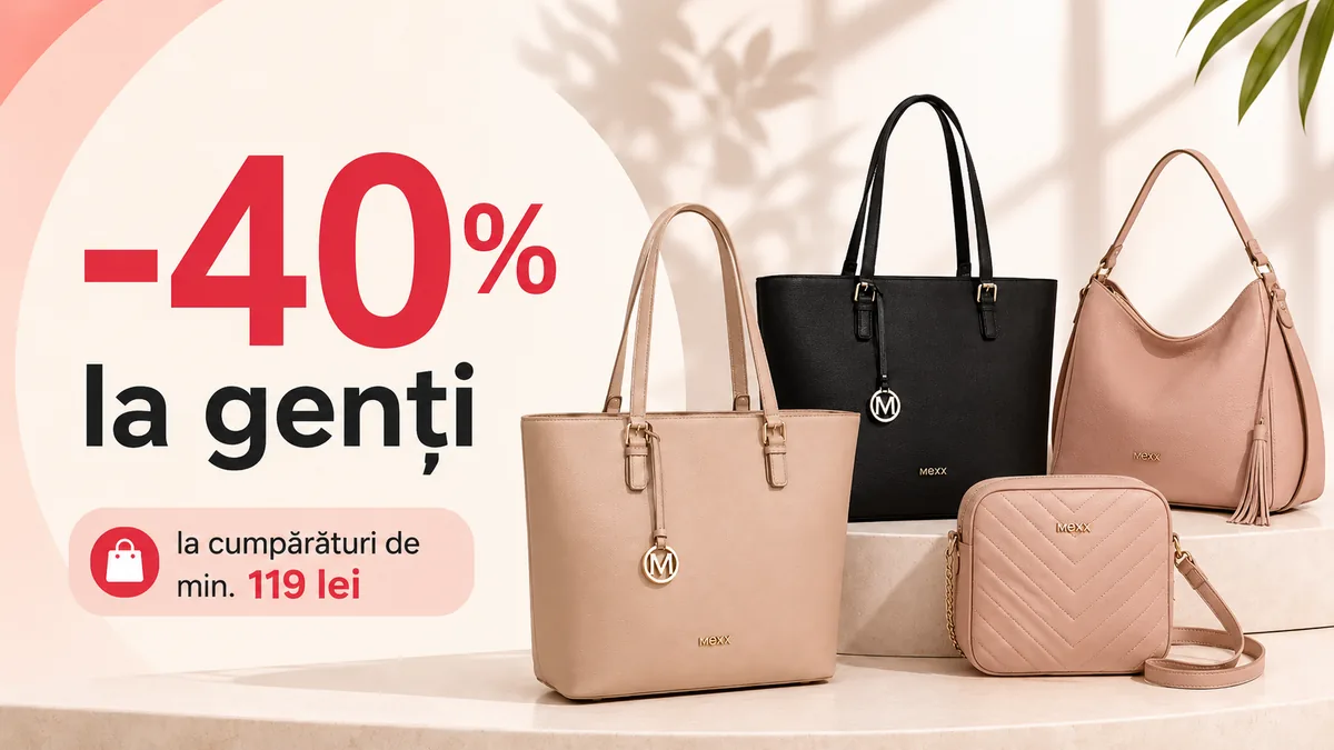 Banner promoțional cu reducere de 40% la genți, la cumpărături de minimum 119 lei, cu modele elegante în nuanțe de bej, negru și roz.