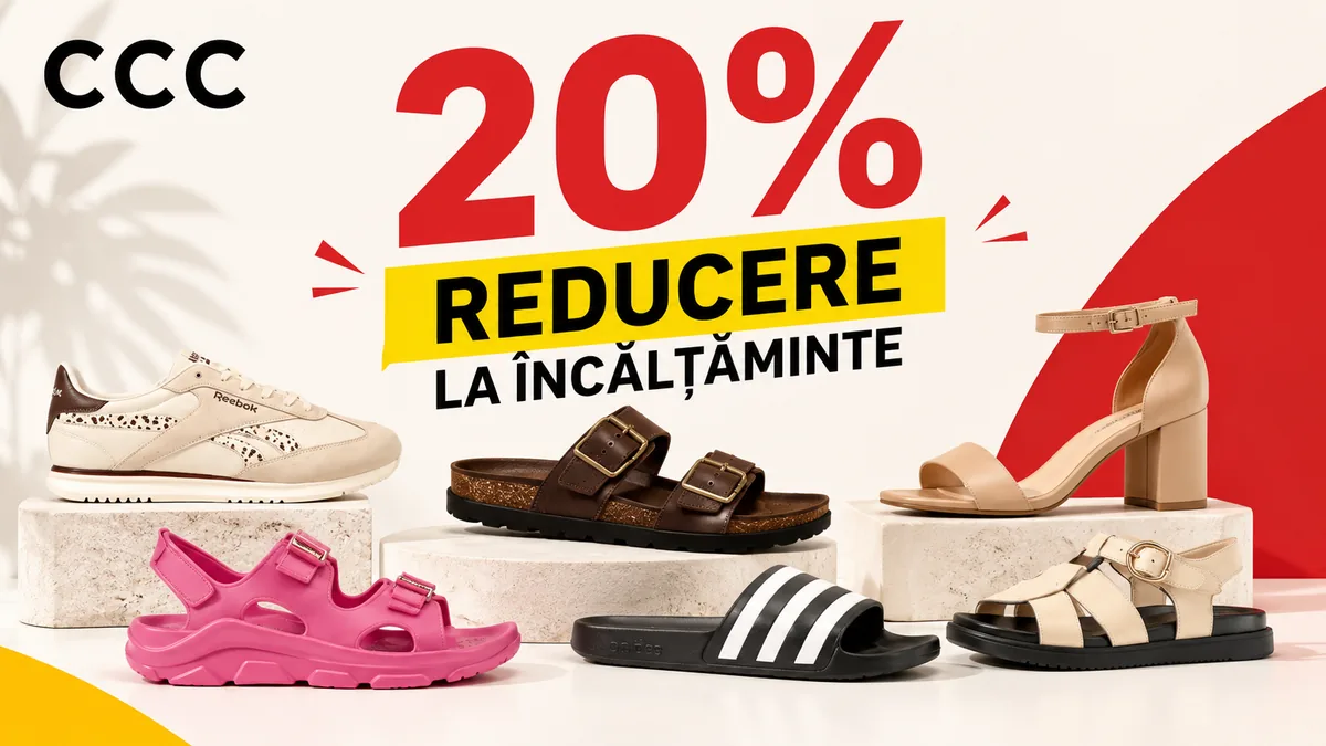 Banner promoțional CCC cu 20% reducere la încălțăminte, prezentând sneakerși, sandale, papuci și pantofi cu toc.