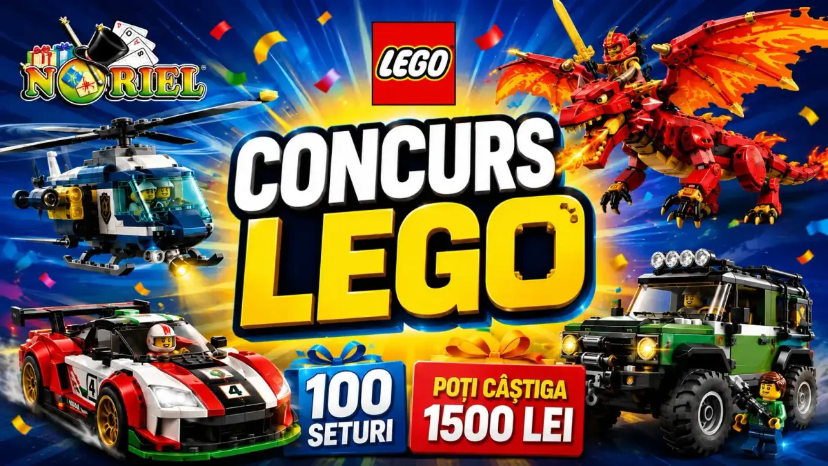 Concurs LEGO la Noriel cu premii de 100 de seturi LEGO și șansa de a câștiga un voucher de 1.500 lei.