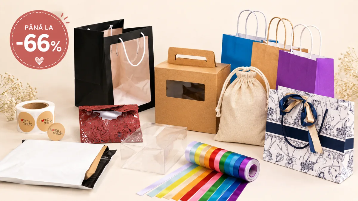 Ambalaje cadou și accesorii handmade CraftUp, cu pungi, cutii, săculeți, panglici și stickere, la reduceri de până la 66%.