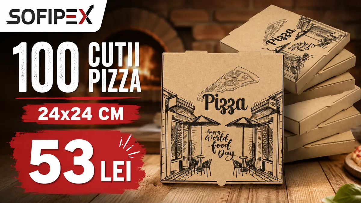 Banner promoțional Sofipex cu set de 100 de cutii pentru pizza, dimensiunea 24×24 cm, la prețul de 53 lei.