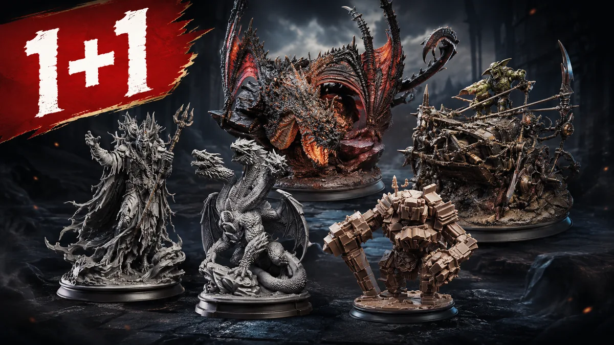 Miniaturi fantasy pentru D&D și tabletop, cu dragoni, creaturi și personaje detaliate, în oferta 1+1.