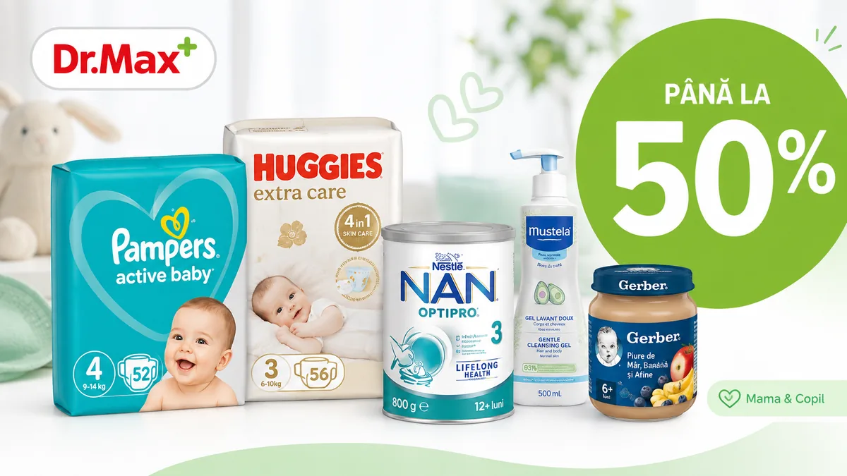 Reduceri de până la 50% la produse pentru mama și copil de la Dr. Max, inclusiv Pampers, Huggies, NAN, Mustela și Gerber.