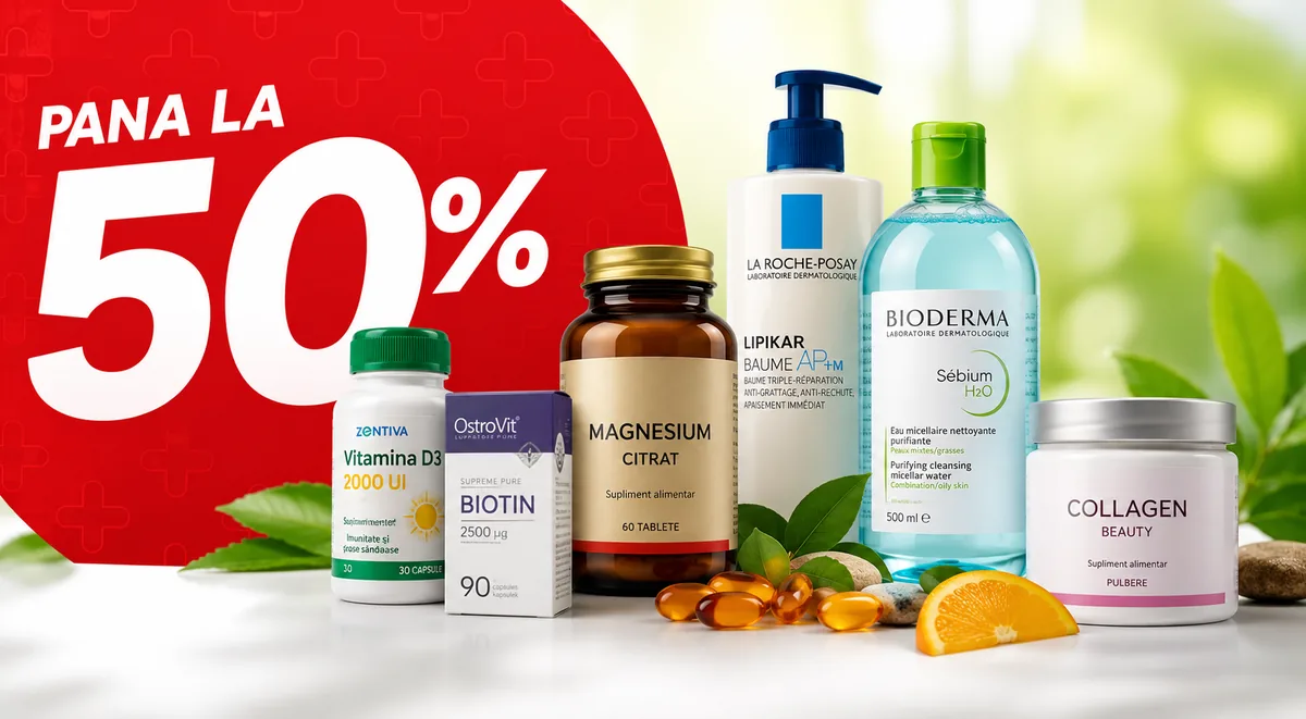 Reduceri de până la 50% la suplimente, dermato-cosmetice și produse de îngrijire personală.