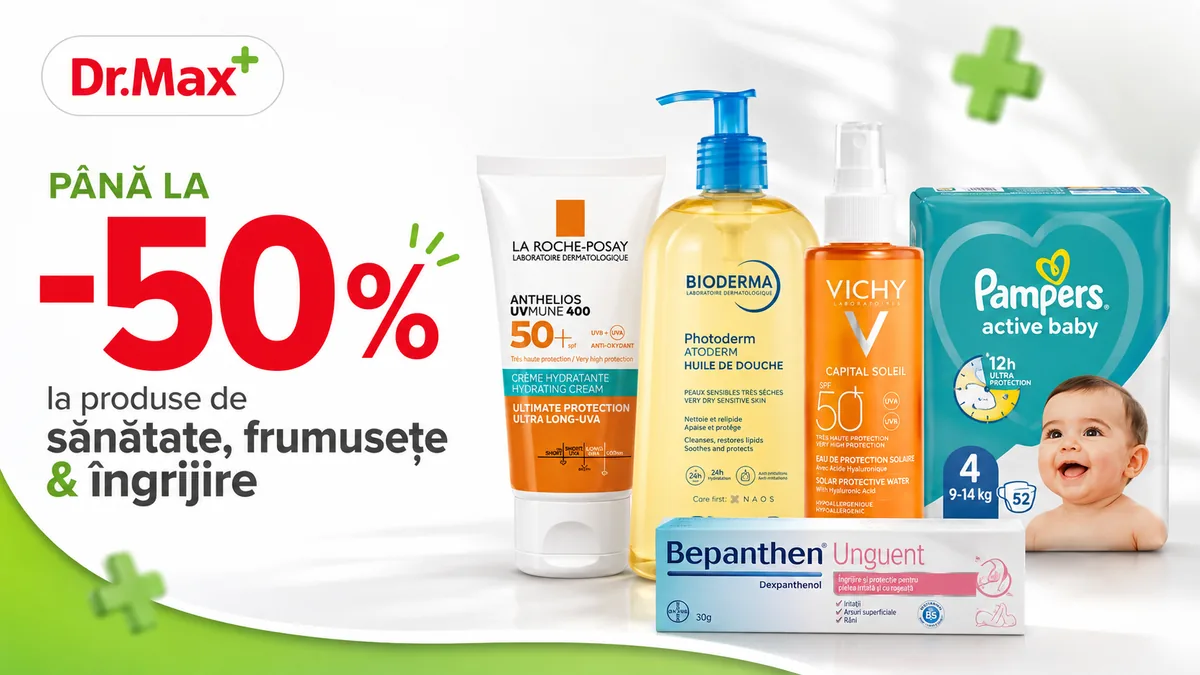 Reduceri de până la 50% la Dr.Max pentru produse de sănătate, frumusețe și îngrijire, inclusiv La Roche-Posay, Bioderma, Vichy, Pampers și Bepanthen.