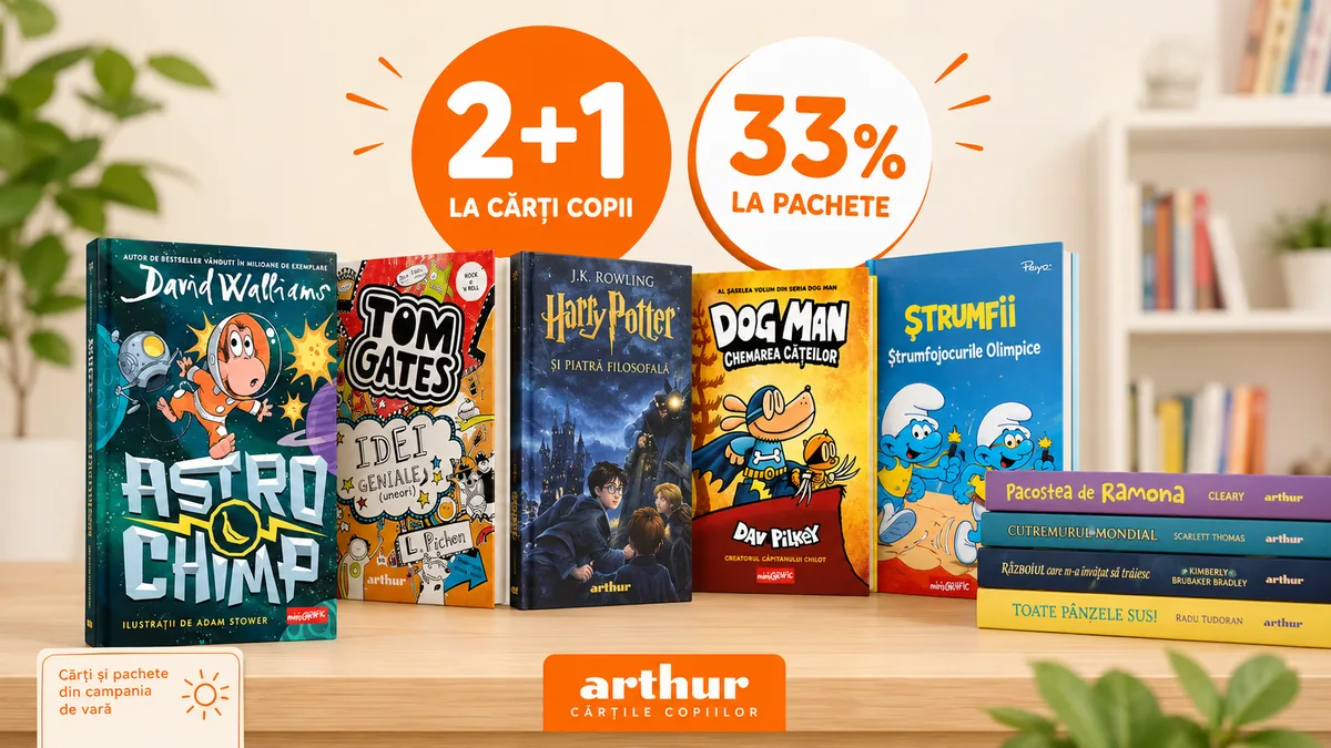 Promoție Editura Arthur la cărți pentru copii, cu titluri populare precum Harry Potter, Dog Man, Tom Gates și Ștrumfii, ofertă 2+1 și 33% reducere la pachete.