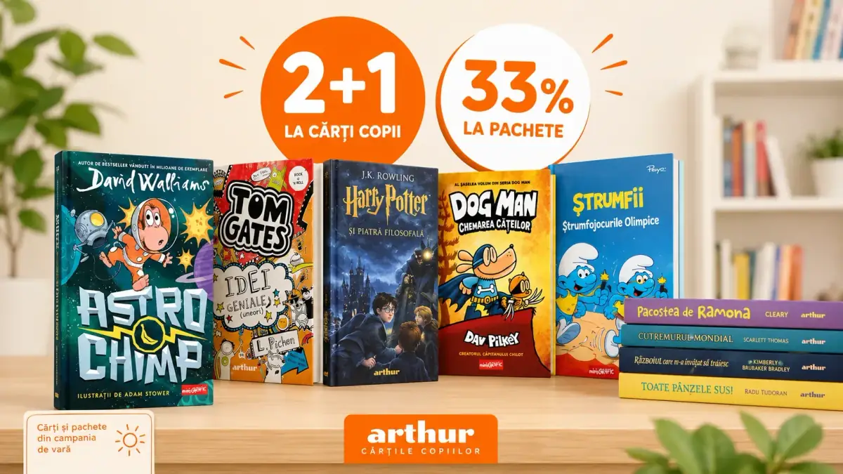 Promoție Editura Arthur la cărți pentru copii, cu titluri populare precum Harry Potter, Dog Man, Tom Gates și Ștrumfii, ofertă 2+1 și 33% reducere la pachete.