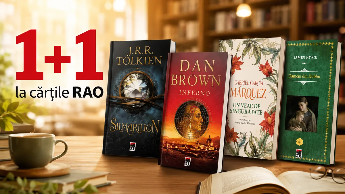 Banner promoțional pentru cărți RAO, cu mesajul „1+1 la cărțile RAO”, pe fundal de librărie cald luminată, alături de patru cărți populare expuse pe o masă de lemn, plus o ceașcă de cafea, o carte deschisă și ochelari, sugerând o ofertă atractivă pentru iubitorii de lectură.