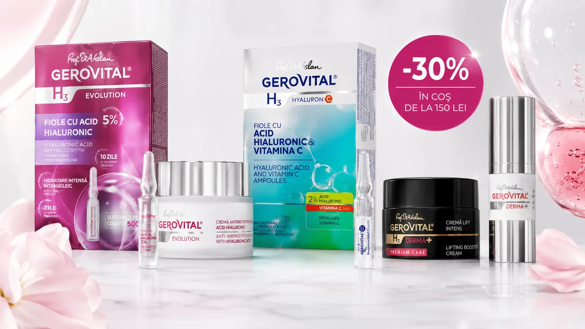 Produse cosmetice Gerovital Farmec pentru îngrijirea tenului, promovate cu 30% reducere la comenzi de minimum 150 lei.