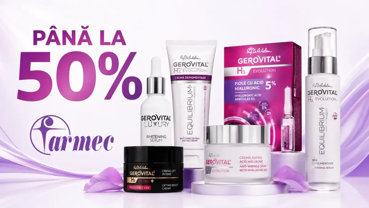 Reduceri de până la 50% la produse Farmec și Gerovital pentru îngrijirea tenului.