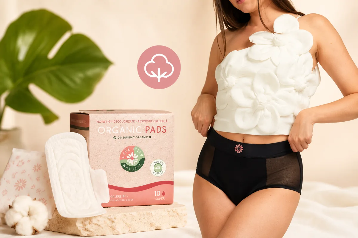 Produse de igienă feminină Femieko din bumbac organic și lenjerie menstruală reutilizabilă, prezentate într-o imagine promoțională cu aspect natural și premium.