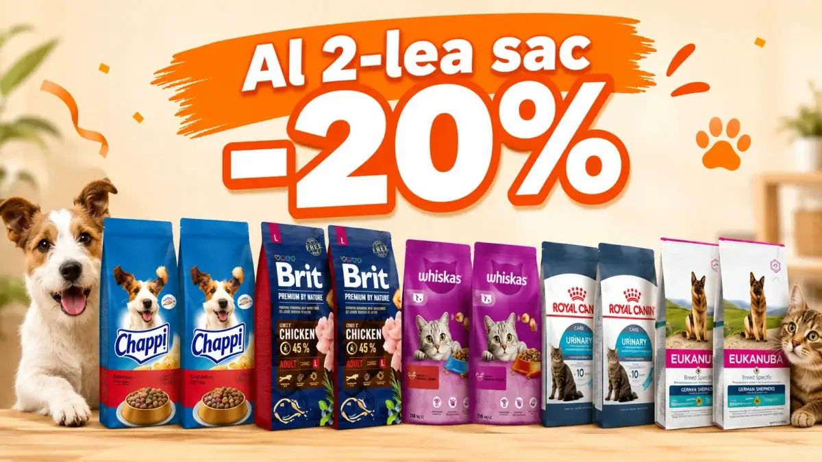 Ofertă Fera cu 20% reducere la al doilea sac de hrană pentru animale, cu produse Chappi, Brit, Whiskas, Royal Canin și Eukanuba.