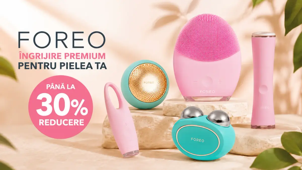 Produse FOREO pentru îngrijirea pielii, în nuanțe roz și turcoaz, prezentate într-o ofertă cu până la 30% reducere.