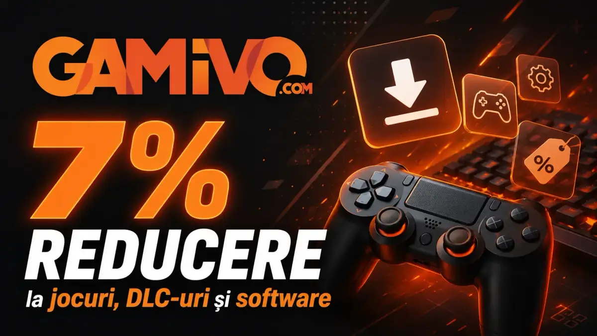 Banner promoțional GAMIVO cu 7% reducere la jocuri, DLC-uri și software, ilustrat cu controller gaming și elemente digitale pe fundal negru cu accente portocalii.