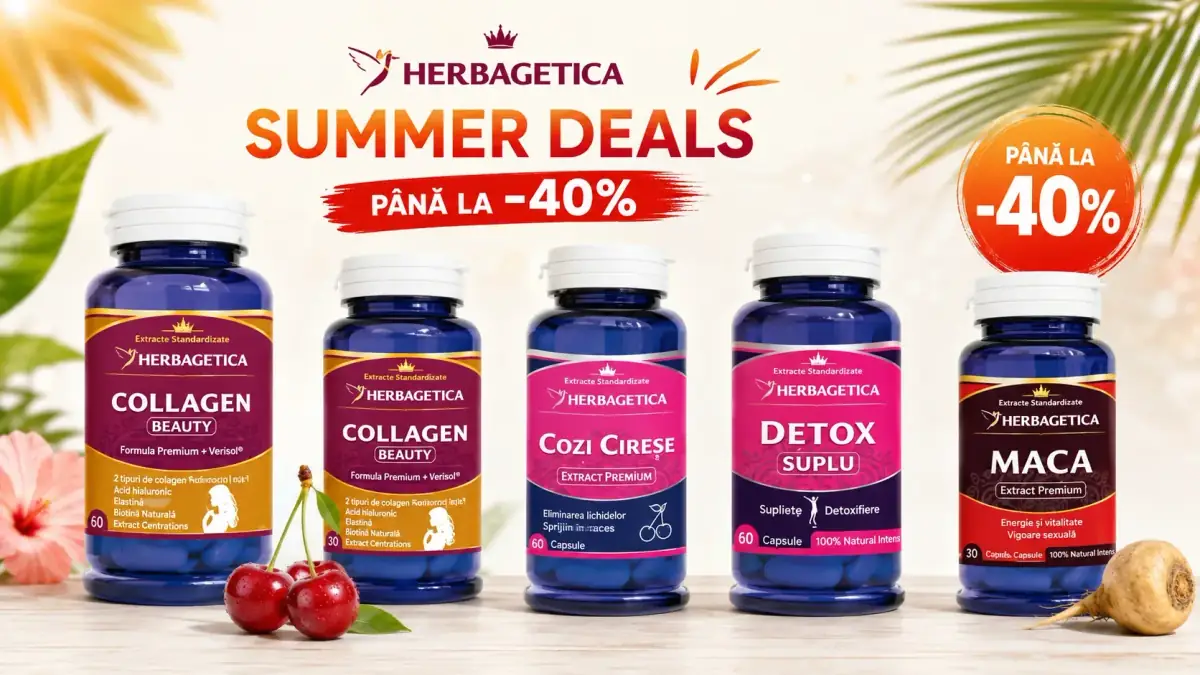 Produse Herbagetica selectate, inclusiv Collagen Beauty, Cozi de Cireșe, Detox Suplu și Maca, cu reduceri de până la 40%.