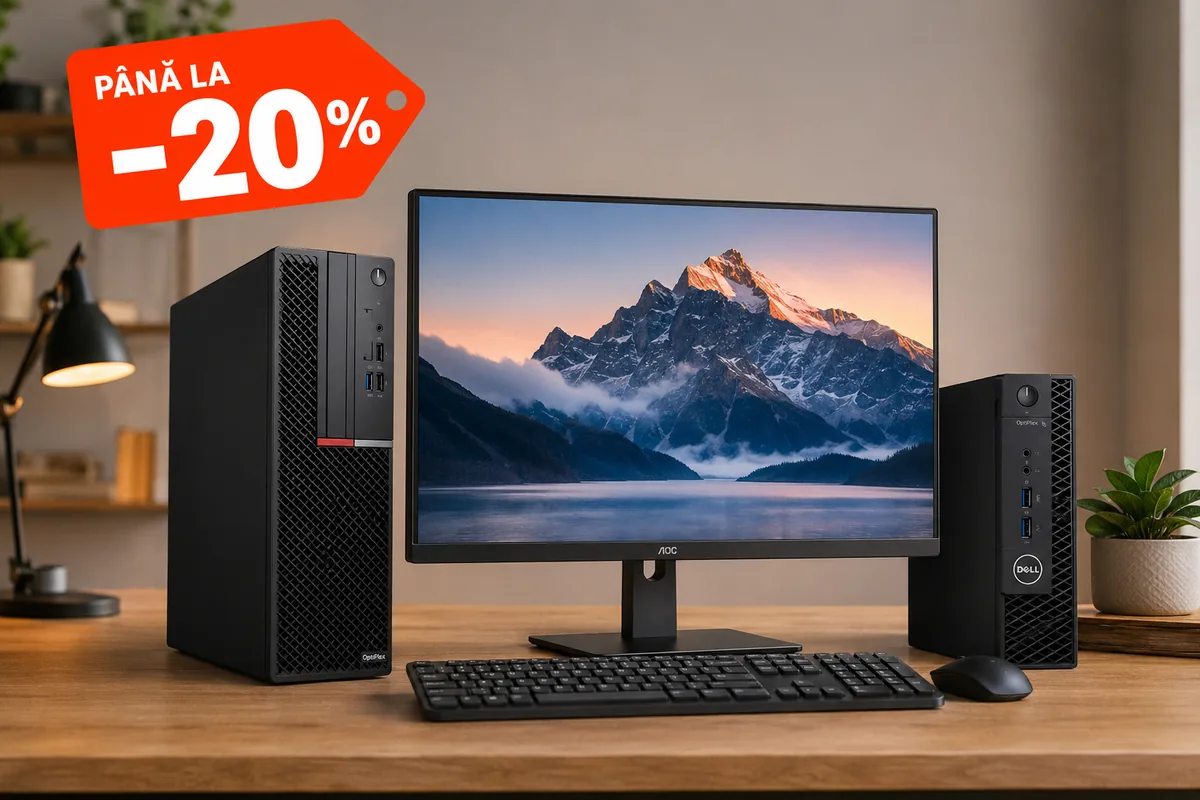 Calculatoare desktop și monitor pe birou, promovate cu reducere de până la 20%