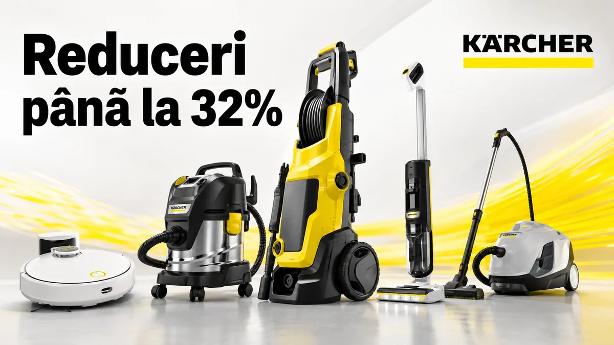 Reduceri de până la 32% la echipamente de curățenie Kärcher, inclusiv aspiratoare, robot de aspirare și aparat de spălat cu presiune.