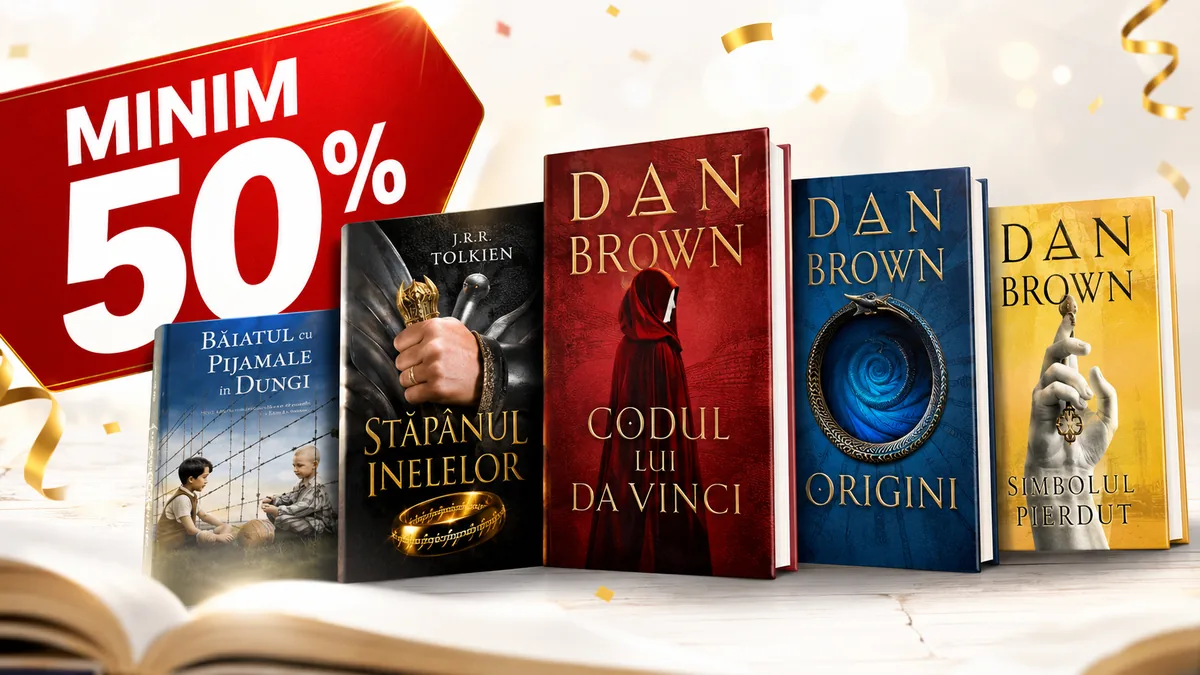 Selecție de cărți bestseller de Dan Brown, J.R.R. Tolkien și John Boyne, promovate cu reducere de minimum 50%.
