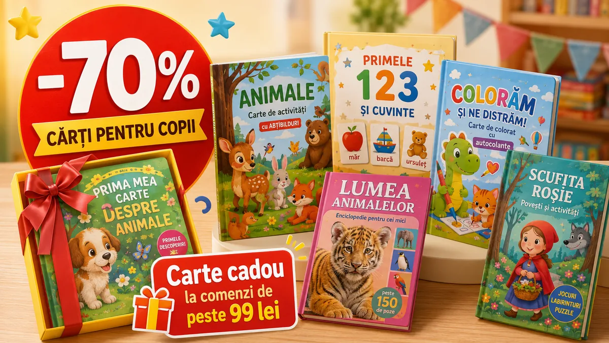 Banner promoțional Litera cu cărți pentru copii, reduceri de până la 70% și carte cadou la comenzi de peste 99 lei.