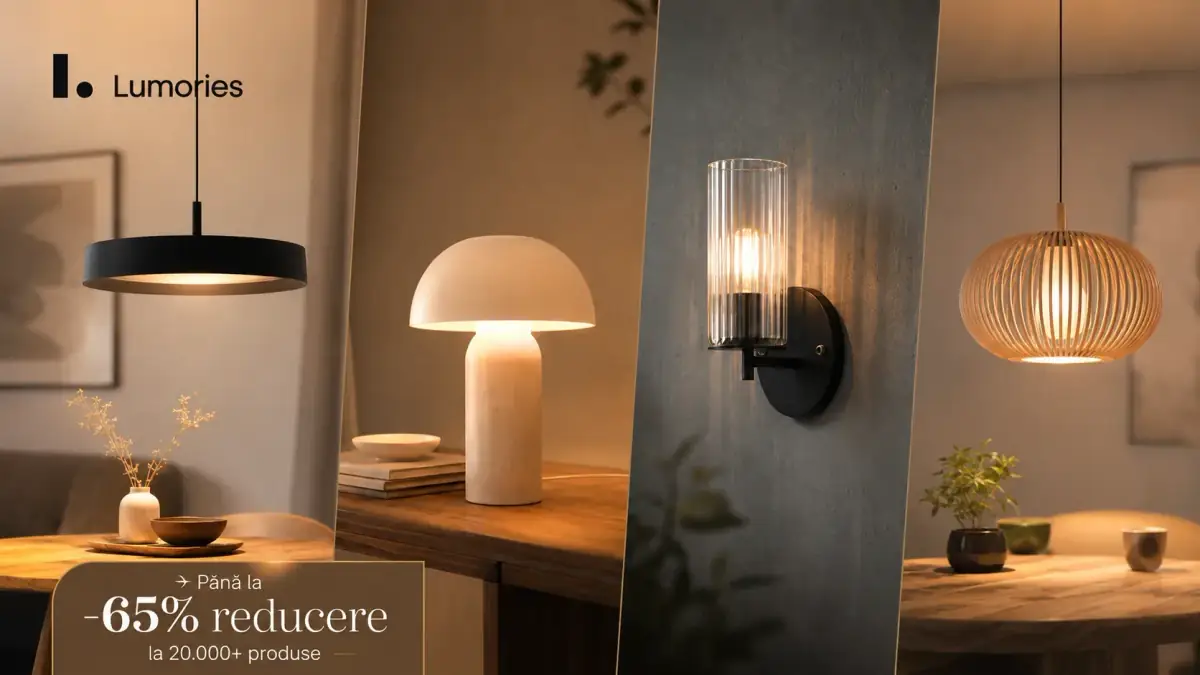 Banner promoțional Lumories cu patru corpuri de iluminat moderne, prezentate într-un decor elegant și cald, și mesajul „Până la 65% reducere la 20.000+ produse”.