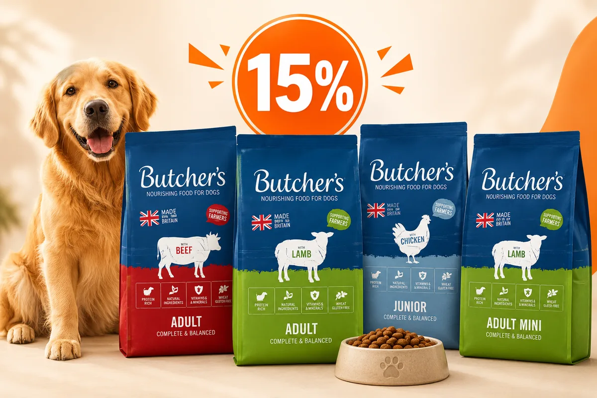 Reducere de 15% la hrana Butcher’s pentru câini, cu mai multe sortimente și un câine Golden Retriever.