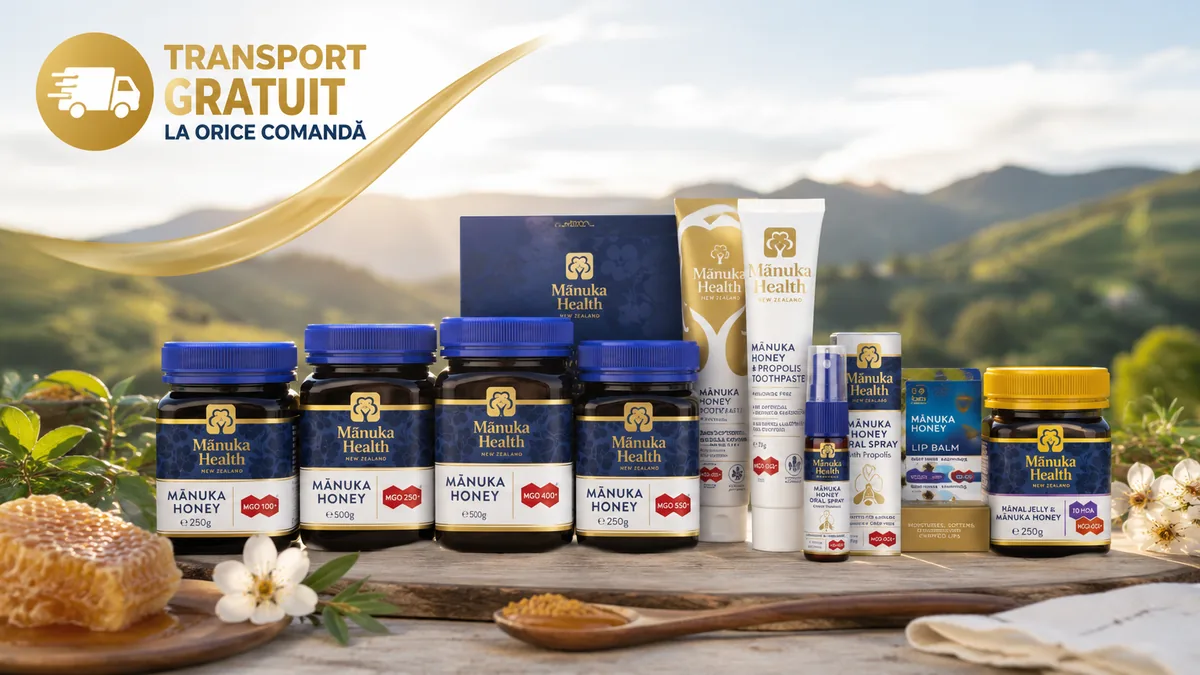 Produse Manuka Health pe bază de miere de Manuka, prezentate într-un decor natural, cu transport gratuit la orice comandă.
