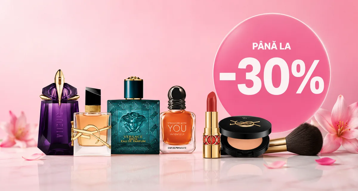 Reduceri de până la 30% la parfumuri, produse de îngrijire și machiaj, ilustrate prin parfumuri premium, ruj, pudră și pensulă de machiaj pe un fundal roz elegant cu simbol mare de reducere -30%.