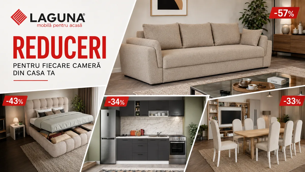 Reduceri la mobilă Laguna pentru toată casa, cu oferte de până la 57% la canapele, paturi, mobilier de bucătărie și dining.