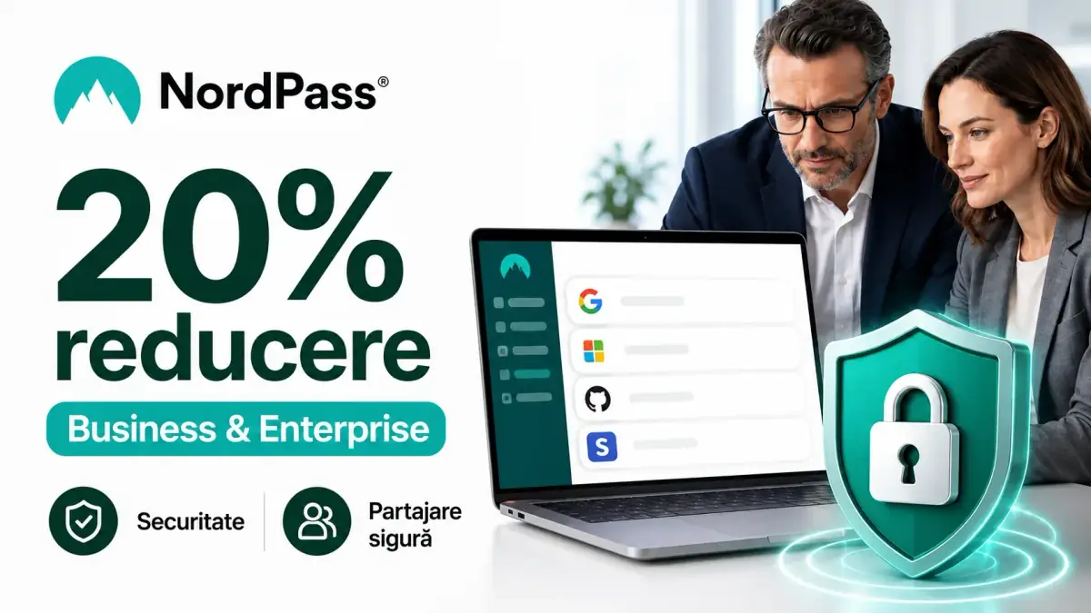 Ofertă NordPass cu 20% reducere la abonamentele Business & Enterprise, ilustrată printr-un laptop, simbol de securitate și profesioniști într-un mediu de afaceri.