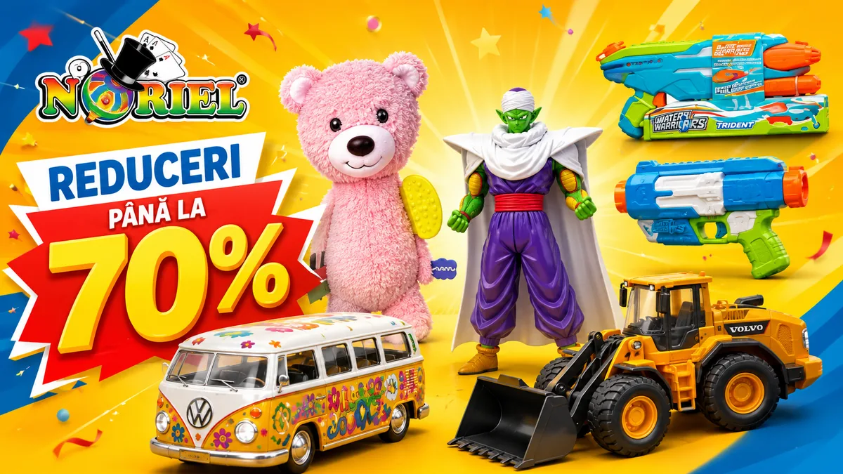 Banner Noriel cu reduceri de până la 70% la jucării, prezentând ursuleț de pluș, figurină Dragon Ball, pistoale cu apă, mașinuță Volkswagen și utilaj Volvo.