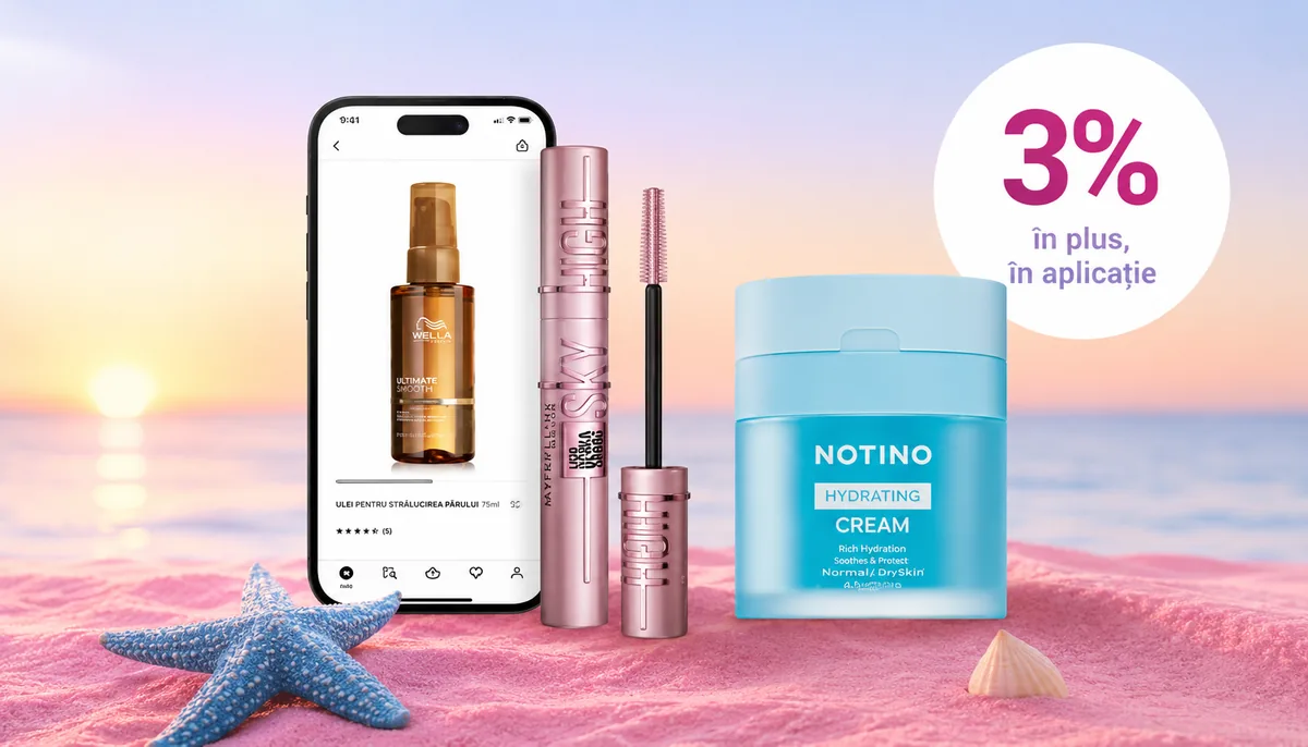 Produse de înfrumusețare expuse pe o plajă la apus, alături de un telefon care afișează un produs cosmetic, o cremă hidratantă, un rimel și o ofertă cu 3% reducere suplimentară în aplicație.