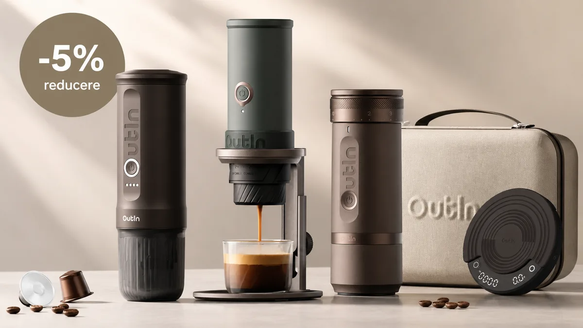 Aparate portabile de espresso și accesorii OutIn, prezentate într-un decor premium, cu reducere de 5% la toate produsele.