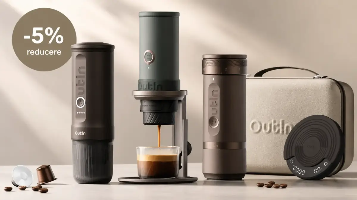 Aparate portabile de espresso și accesorii OutIn, prezentate într-un decor premium, cu reducere de 5% la toate produsele.
