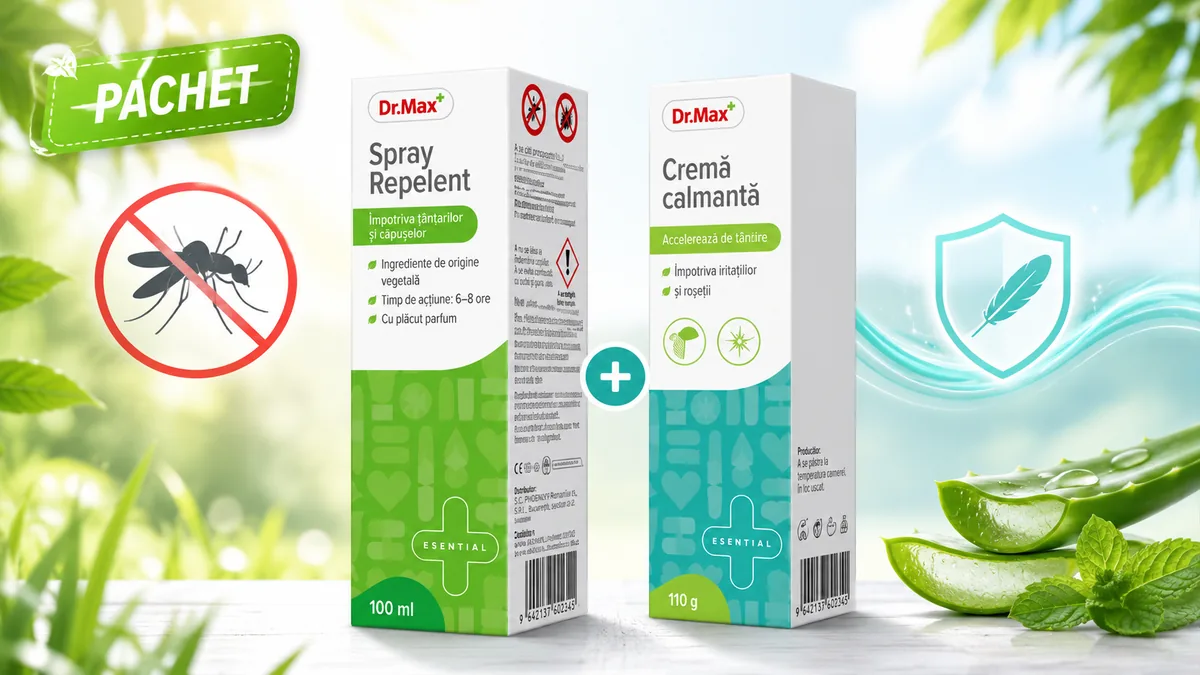 Pachet Dr. Max cu spray repelent împotriva țânțarilor și căpușelor și cremă calmantă pentru iritații, prezentat într-un decor proaspăt de vară.
