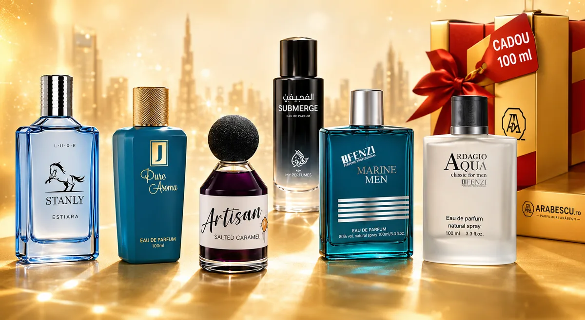 Parfumuri arabești pentru bărbați, prezentate alături de o cutie cadou Arabescu cu parfum de 100 ml.