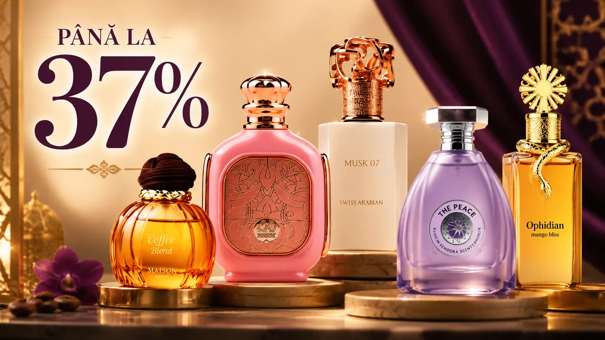 Banner promoțional cu parfumuri arăbești premium, în nuanțe aurii și mov, prezentând o reducere de până la 37%.