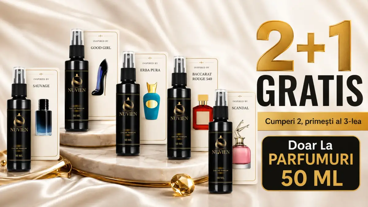 Promoție Nuvien 2+1 gratis la parfumuri de 50 ml, cu selecție de arome inspirate din parfumuri cunoscute.